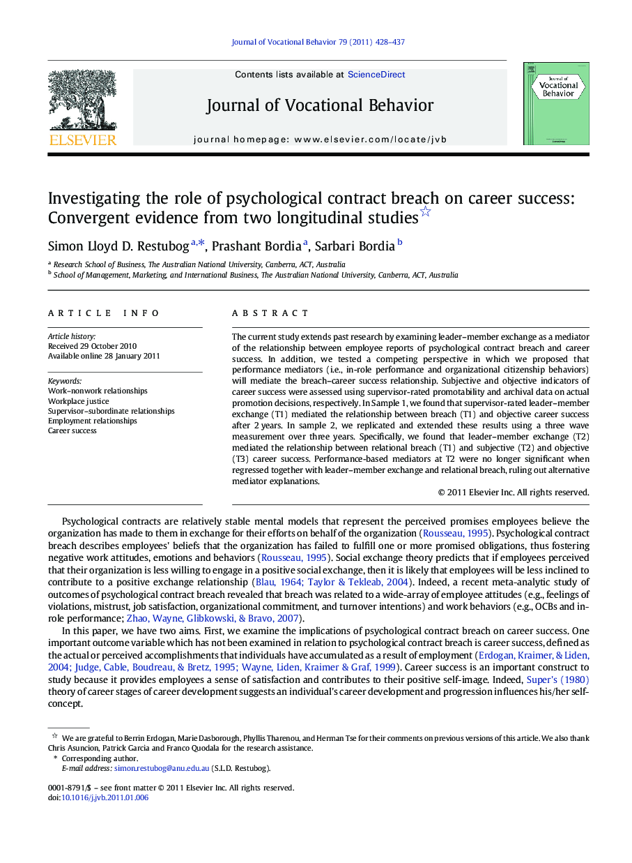 Investigating the role of psychological contract breach on career success: Convergent evidence from two longitudinal studies 