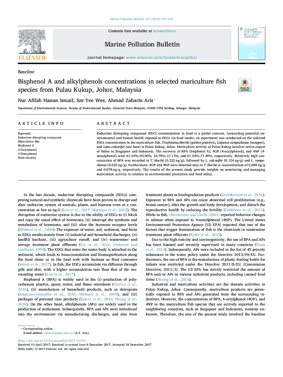 Bisphenol A and alkylphenols concentrations in selected mariculture fish species from Pulau Kukup, Johor, Malaysia