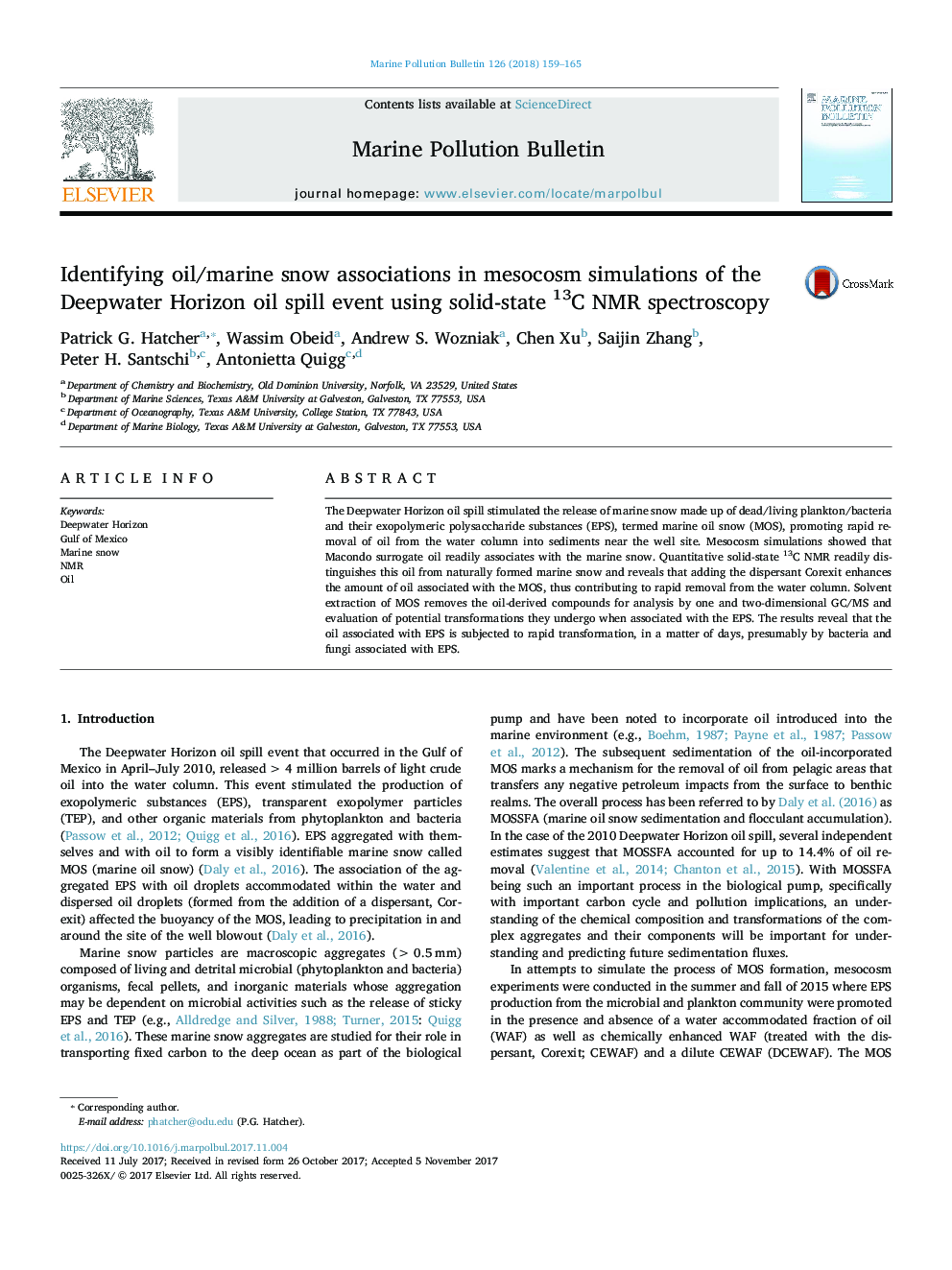 عکس صفحه اول مقاله: Identifying oil/marine snow associations in mesocosm simulations of the Deepwater Horizon oil spill event using solid-state 13C NMR spectroscopy Identifying oil/marine snow associations in mesocosm simulations of the Deepwater Horizon oil spill event using solid-state 13C NMR spectroscopy