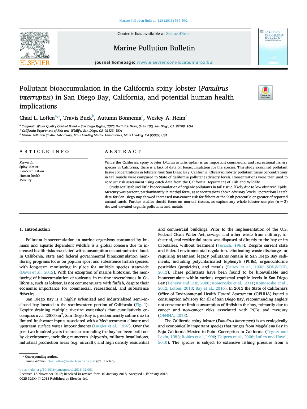 Pollutant bioaccumulation in the California spiny lobster (Panulirus interruptus) in San Diego Bay, California, and potential human health implications