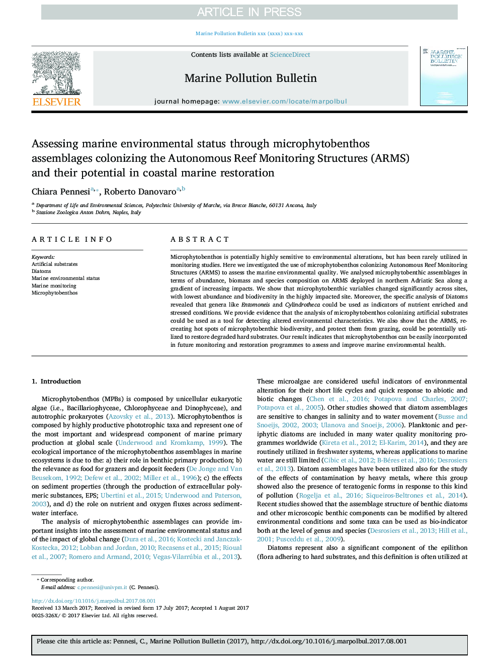 Assessing marine environmental status through microphytobenthos assemblages colonizing the Autonomous Reef Monitoring Structures (ARMS) and their potential in coastal marine restoration