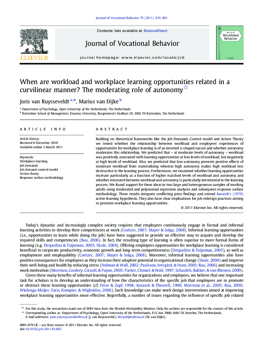 When are workload and workplace learning opportunities related in a curvilinear manner? The moderating role of autonomy 
