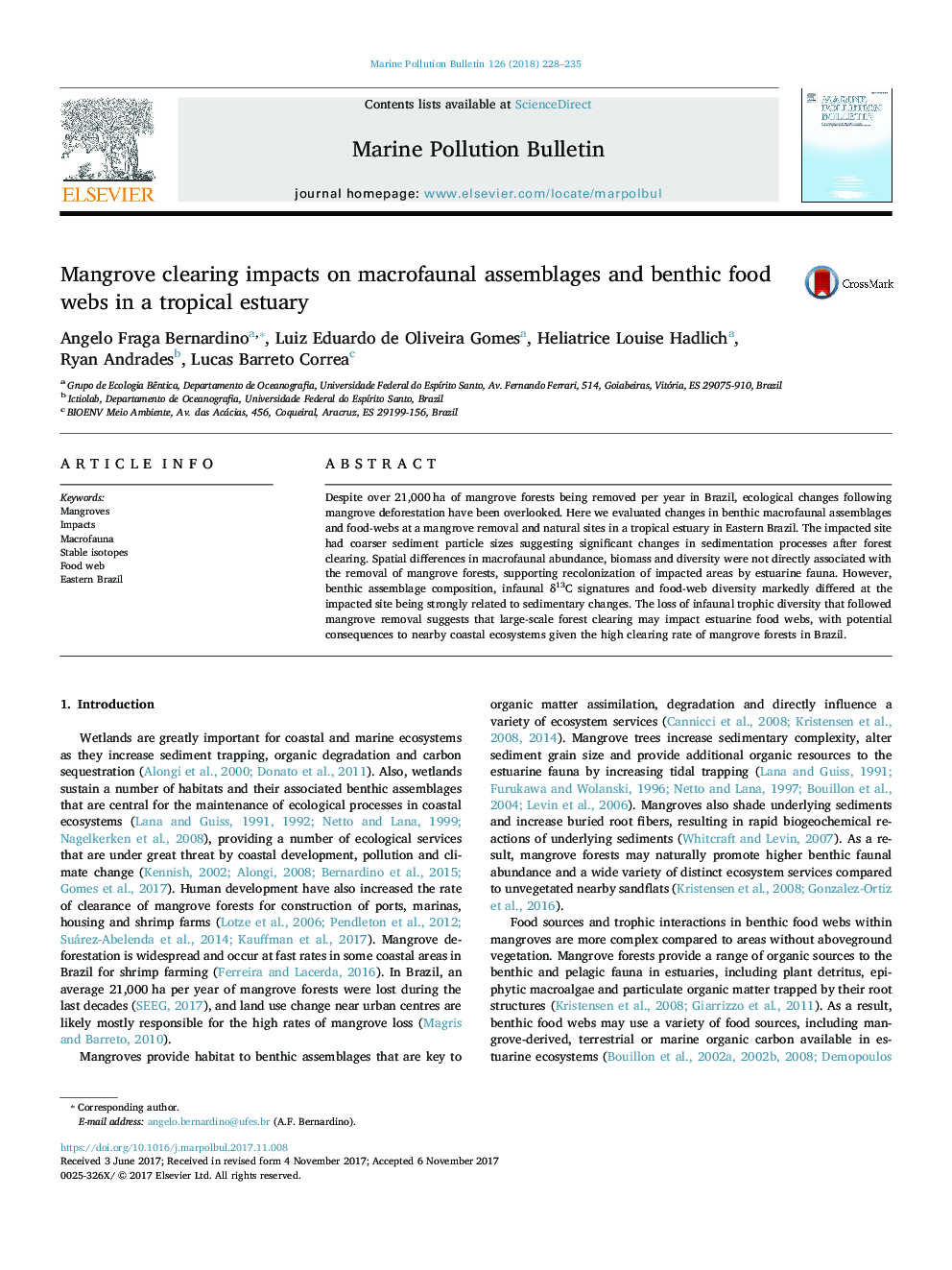 Mangrove clearing impacts on macrofaunal assemblages and benthic food webs in a tropical estuary