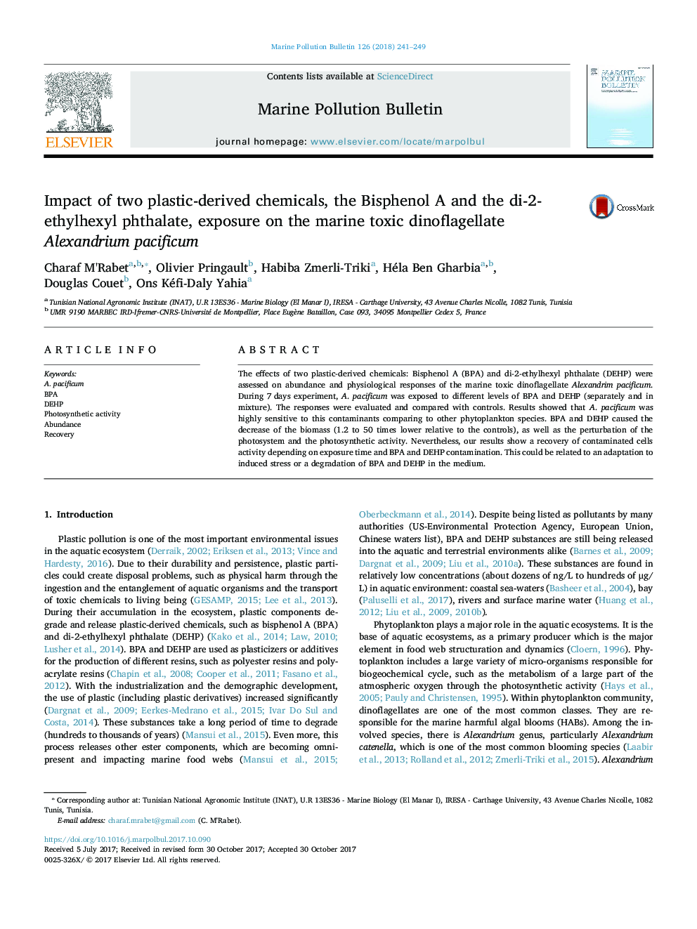 Impact of two plastic-derived chemicals, the Bisphenol A and the di-2-ethylhexyl phthalate, exposure on the marine toxic dinoflagellate Alexandrium pacificum