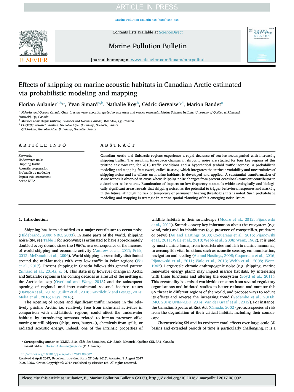 Effects of shipping on marine acoustic habitats in Canadian Arctic estimated via probabilistic modeling and mapping