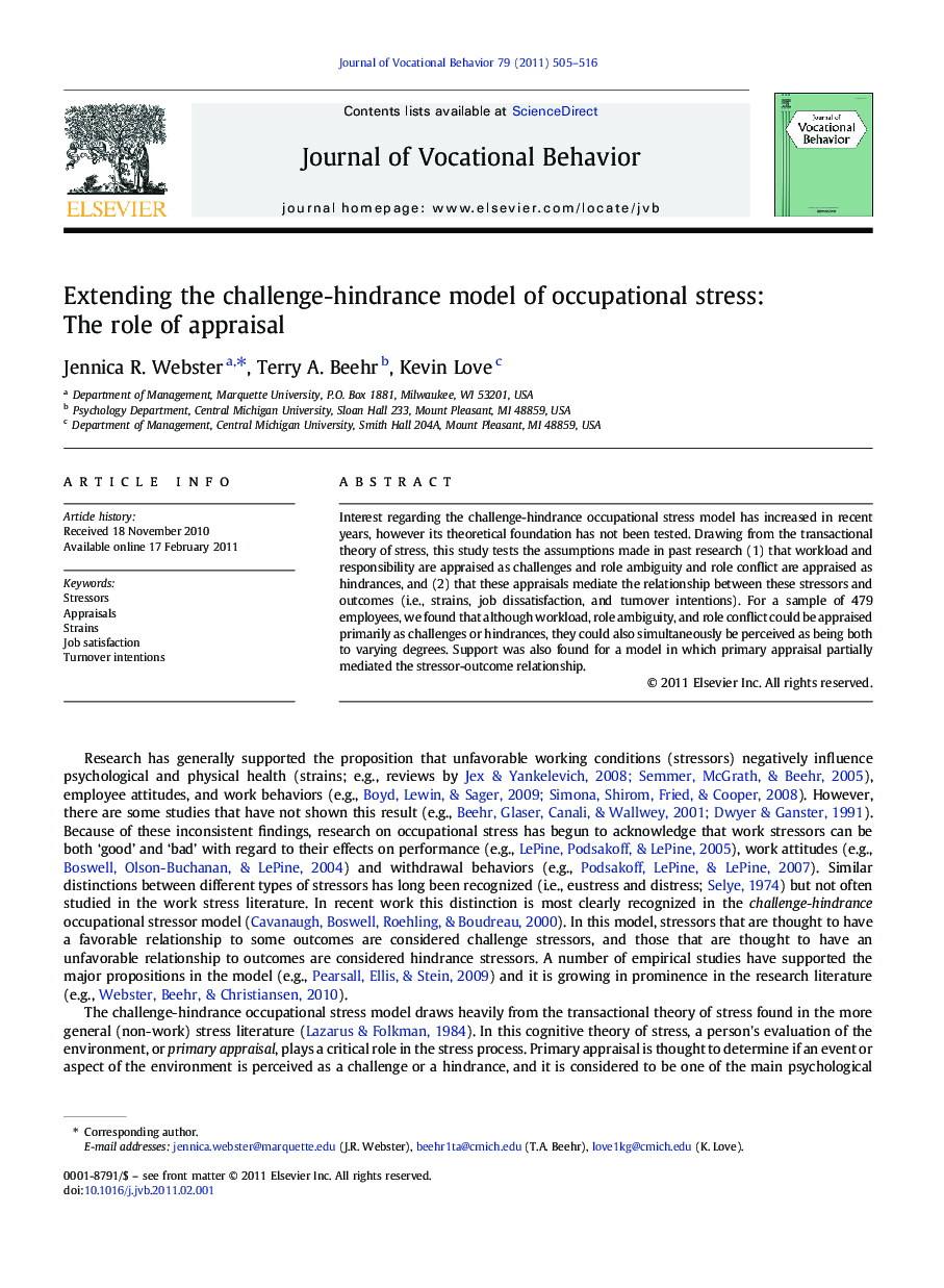 Extending the challenge-hindrance model of occupational stress: The role of appraisal