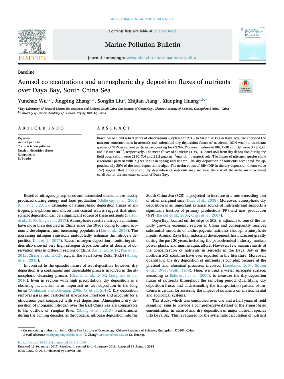 Aerosol concentrations and atmospheric dry deposition fluxes of nutrients over Daya Bay, South China Sea