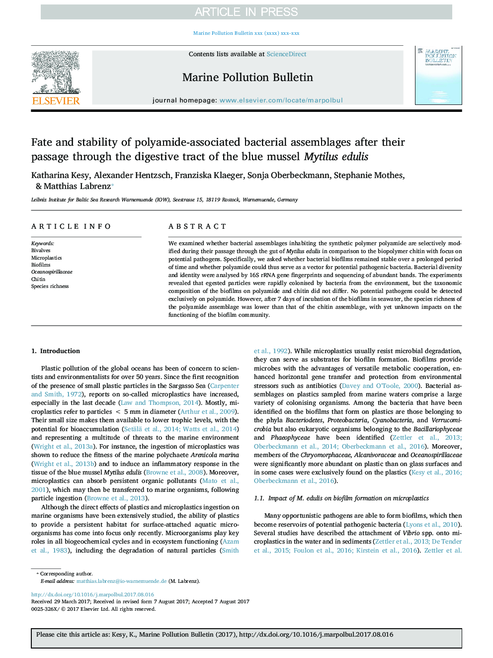 Fate and stability of polyamide-associated bacterial assemblages after their passage through the digestive tract of the blue mussel Mytilus edulis