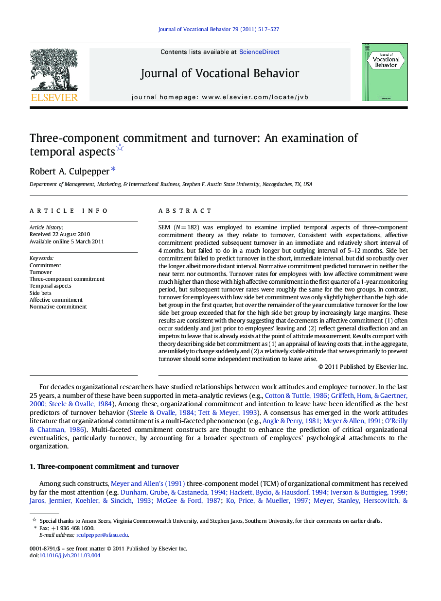 Three-component commitment and turnover: An examination of temporal aspects 
