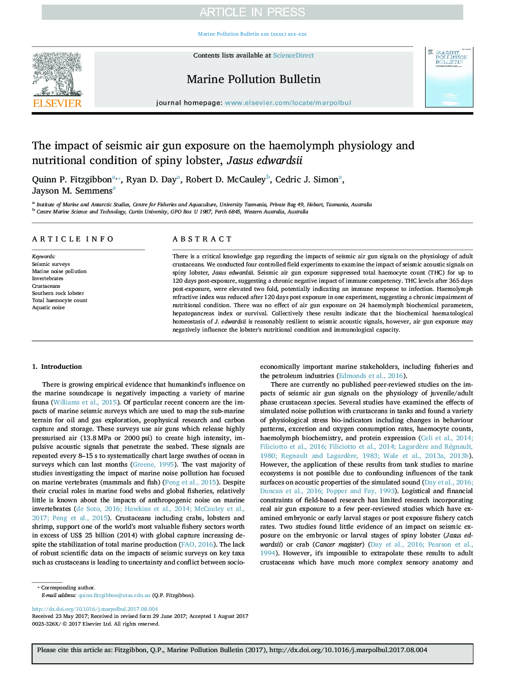 The impact of seismic air gun exposure on the haemolymph physiology and nutritional condition of spiny lobster, Jasus edwardsii