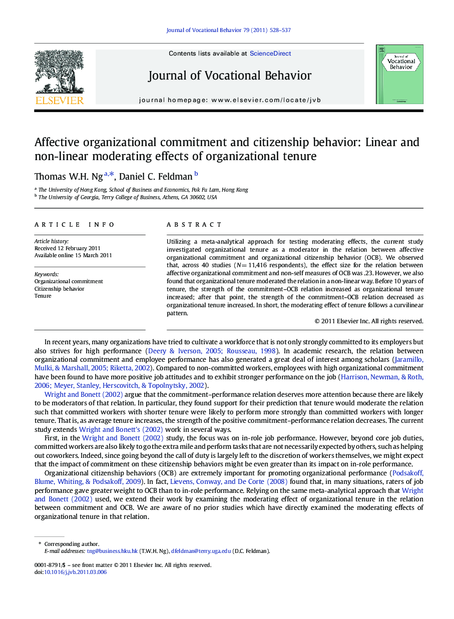 Affective organizational commitment and citizenship behavior: Linear and non-linear moderating effects of organizational tenure