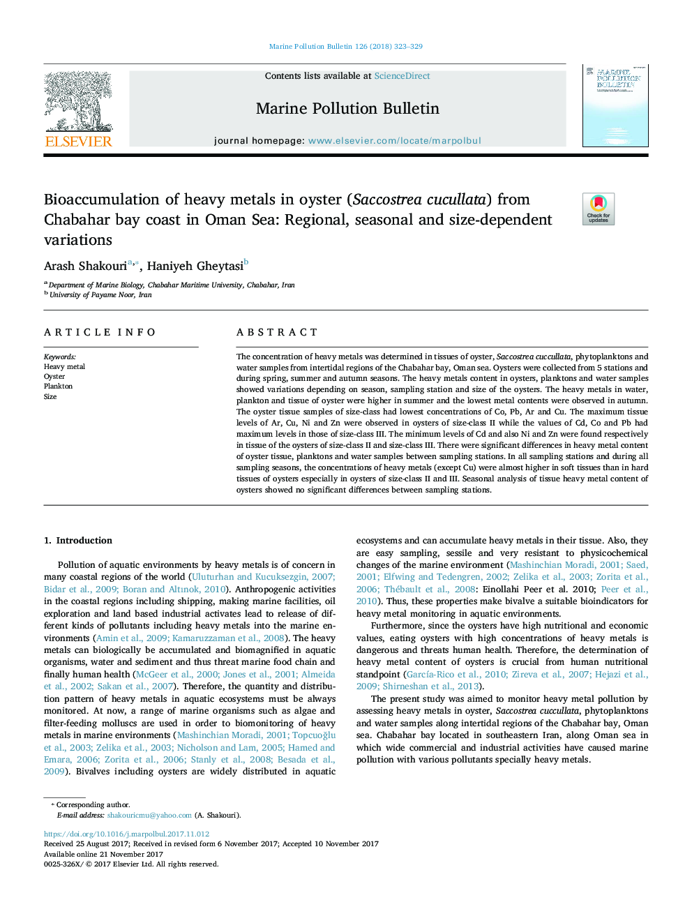 Bioaccumulation of heavy metals in oyster (Saccostrea cucullata) from Chabahar bay coast in Oman Sea: Regional, seasonal and size-dependent variations