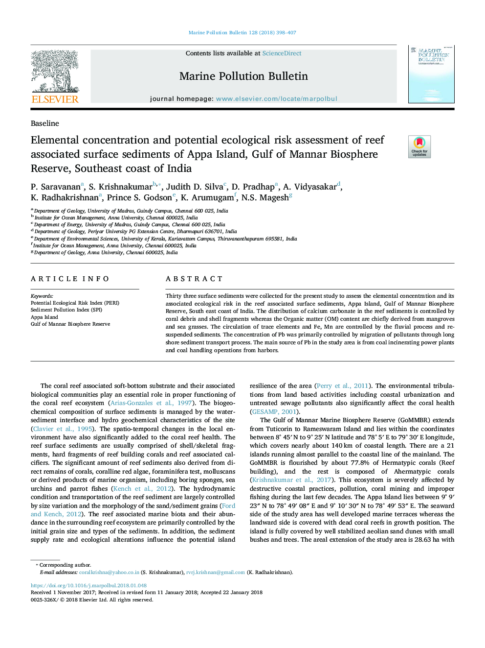 Elemental concentration and potential ecological risk assessment of reef associated surface sediments of Appa Island, Gulf of Mannar Biosphere Reserve, Southeast coast of India