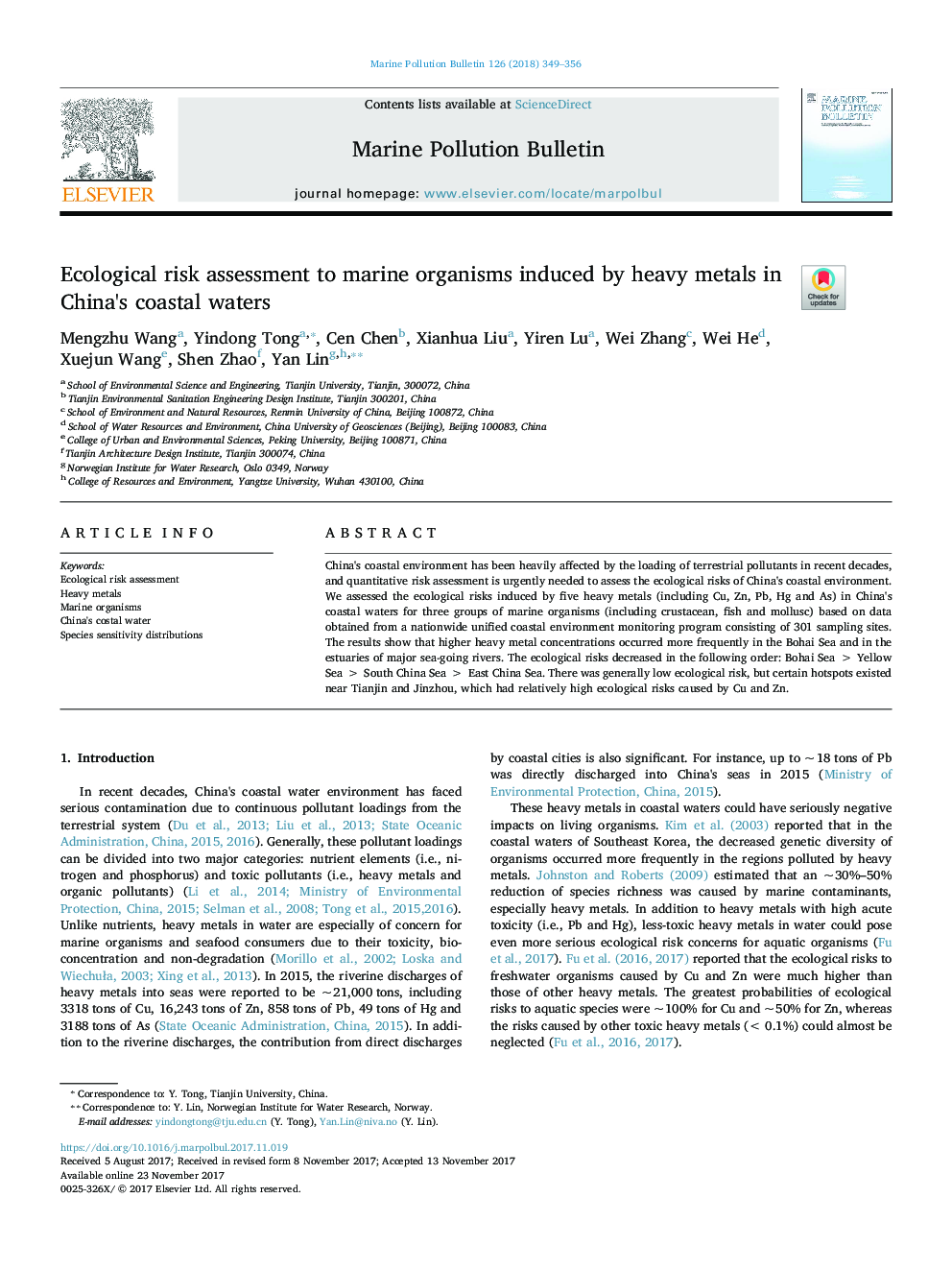 Ecological risk assessment to marine organisms induced by heavy metals in China's coastal waters