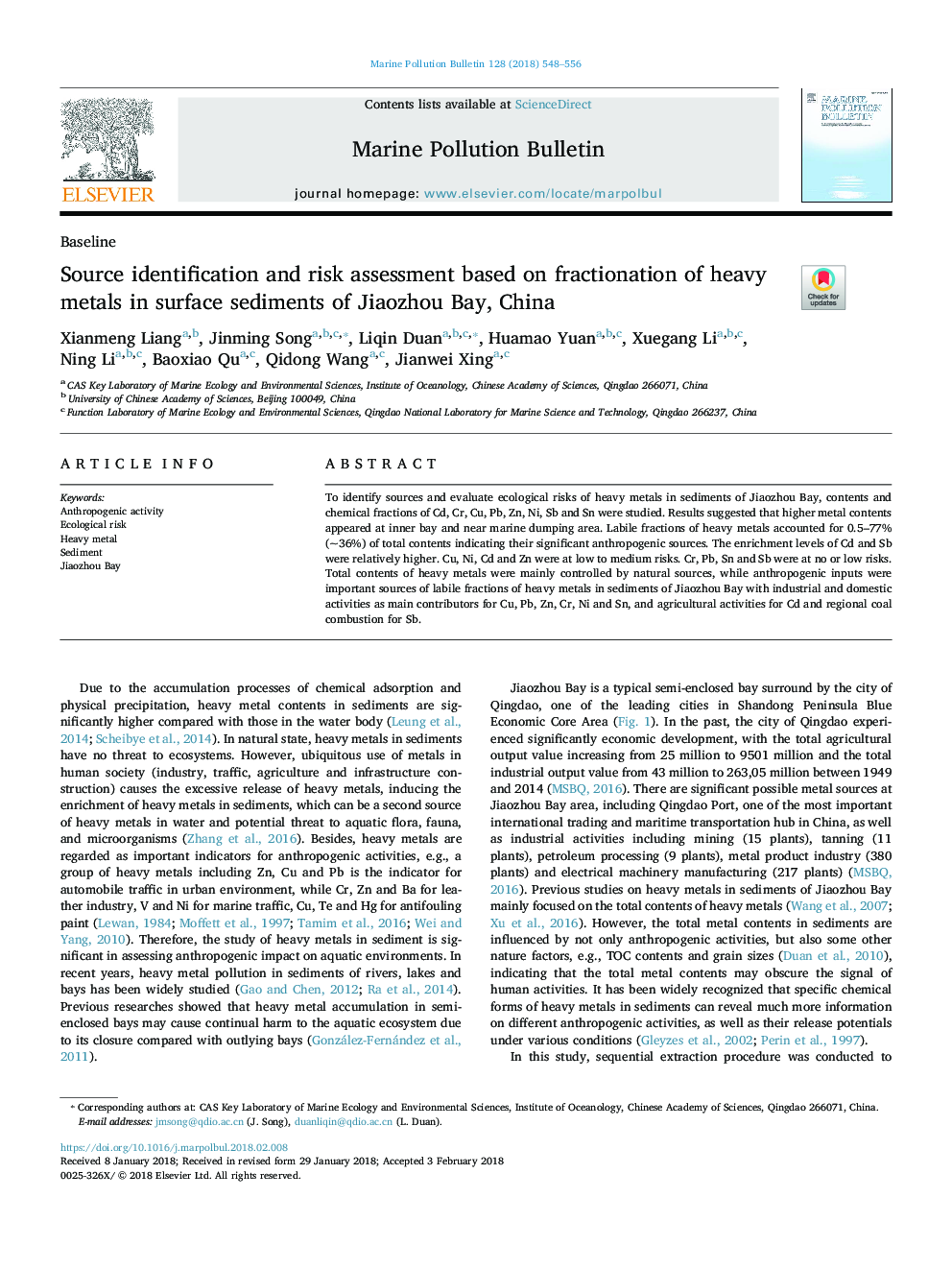 Source identification and risk assessment based on fractionation of heavy metals in surface sediments of Jiaozhou Bay, China