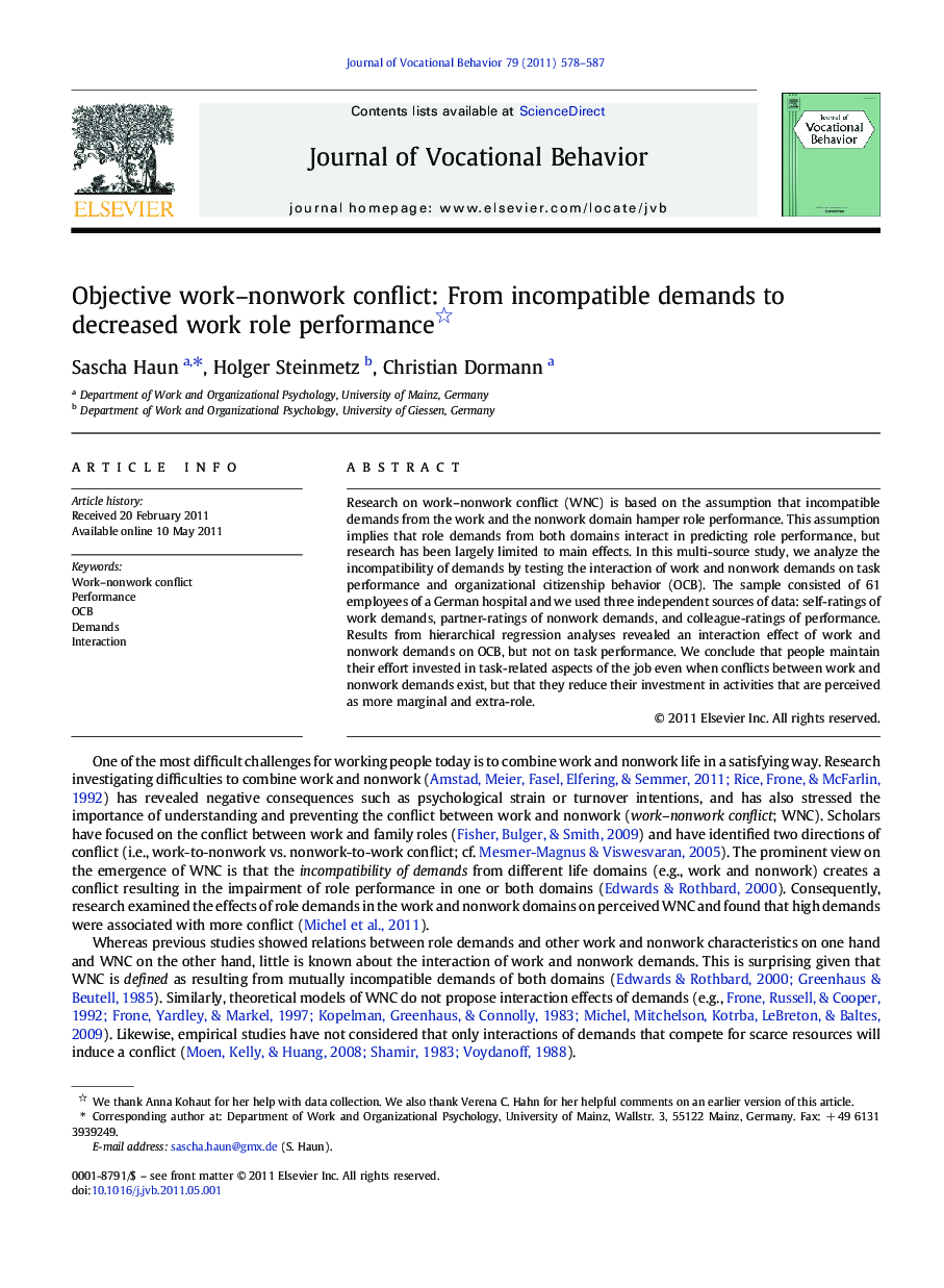 Objective work–nonwork conflict: From incompatible demands to decreased work role performance 