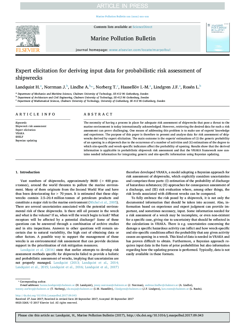 Expert elicitation for deriving input data for probabilistic risk assessment of shipwrecks