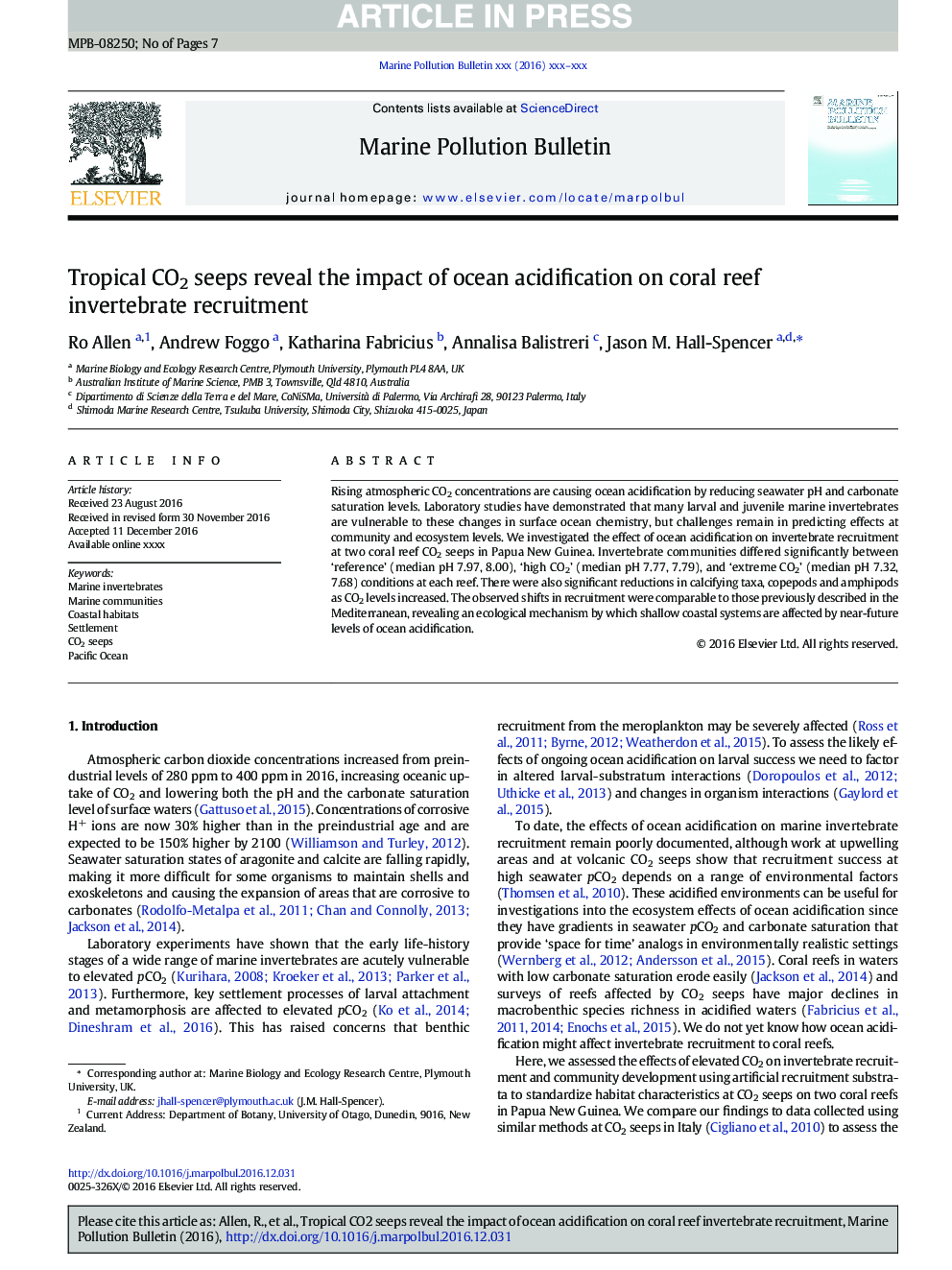 Tropical CO2 seeps reveal the impact of ocean acidification on coral reef invertebrate recruitment