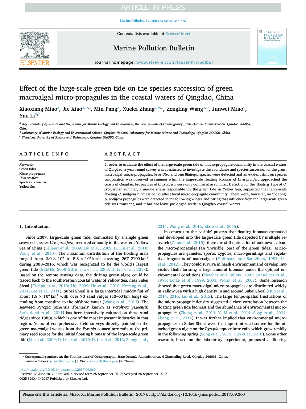 Effect of the large-scale green tide on the species succession of green macroalgal micro-propagules in the coastal waters of Qingdao, China