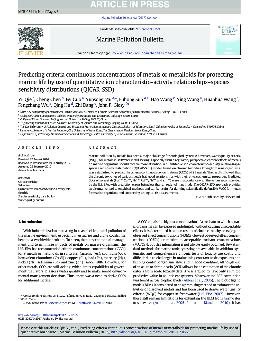 Predicting criteria continuous concentrations of metals or metalloids for protecting marine life by use of quantitative ion characteristic-activity relationships-species sensitivity distributions (QICAR-SSD)