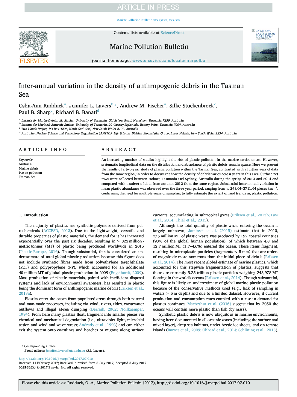 Inter-annual variation in the density of anthropogenic debris in the Tasman Sea