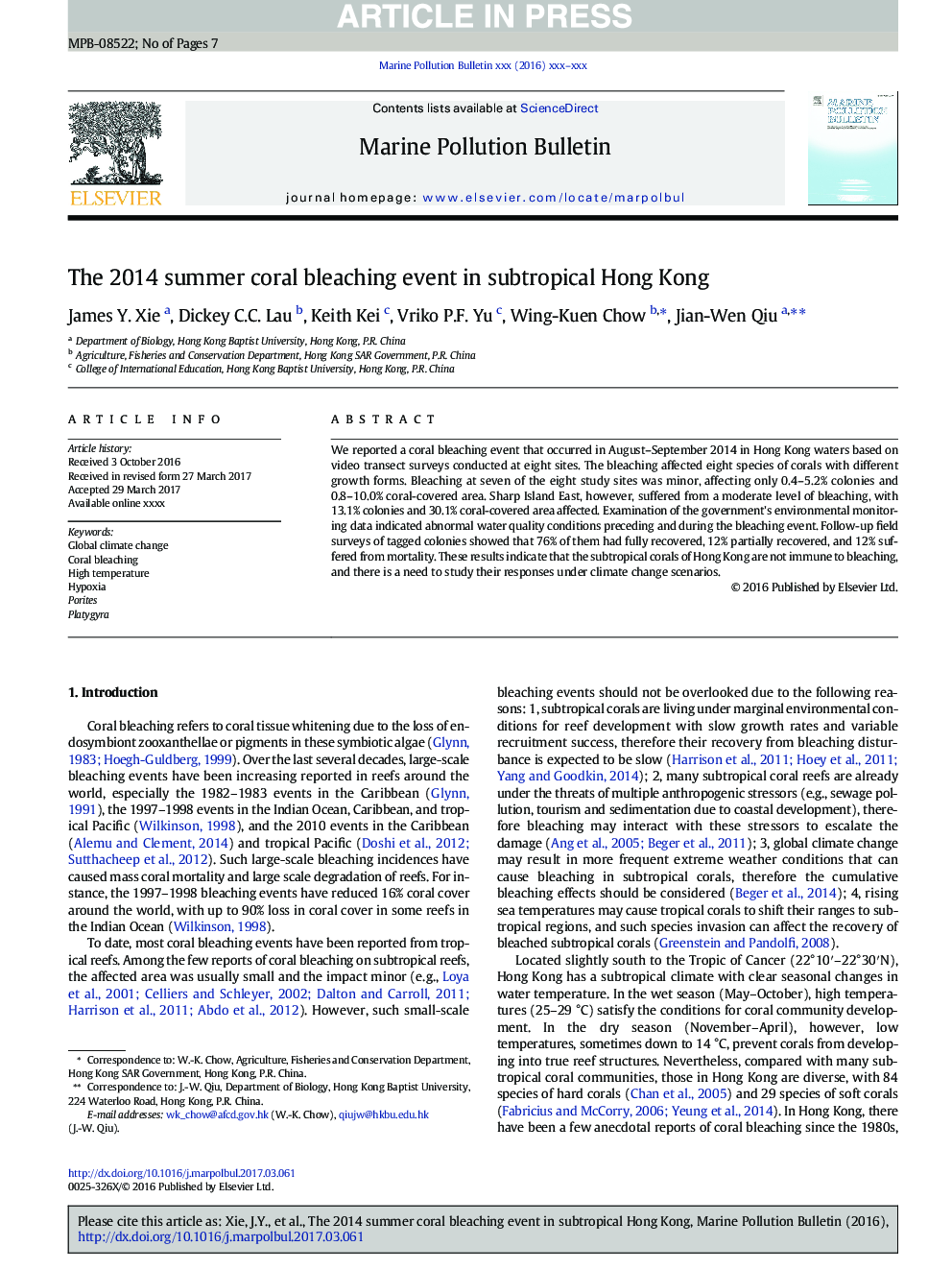 The 2014 summer coral bleaching event in subtropical Hong Kong