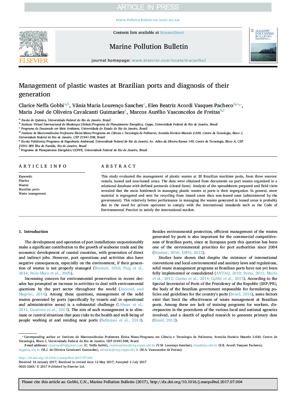 Management of plastic wastes at Brazilian ports and diagnosis of their generation