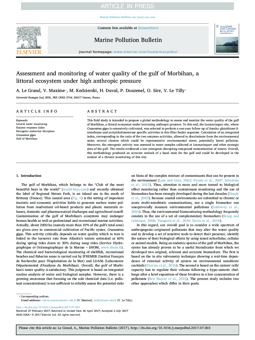 Assessment and monitoring of water quality of the gulf of Morbihan, a littoral ecosystem under high anthropic pressure