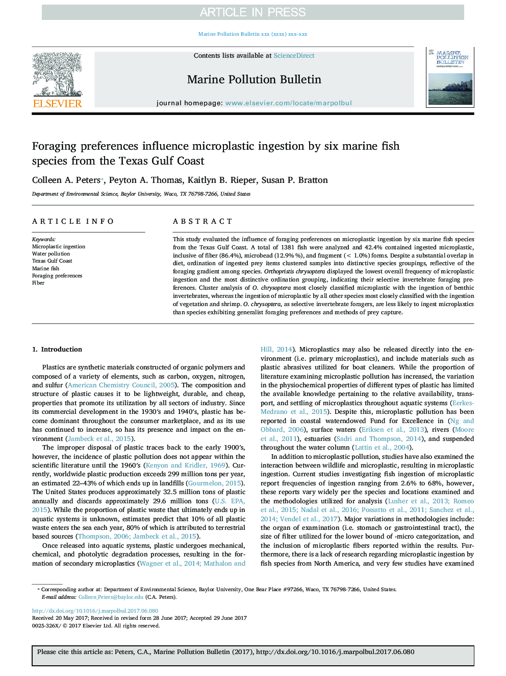 Foraging preferences influence microplastic ingestion by six marine fish species from the Texas Gulf Coast