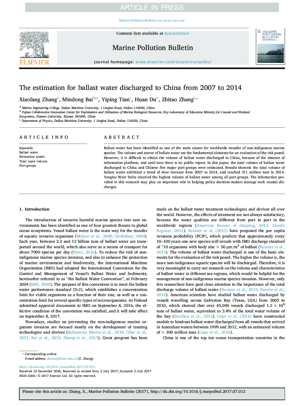 The estimation for ballast water discharged to China from 2007 to 2014