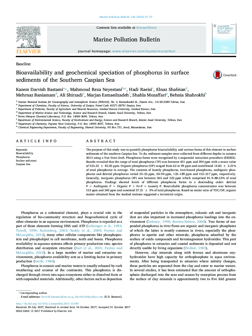 Bioavailability and geochemical speciation of phosphorus in surface sediments of the Southern Caspian Sea