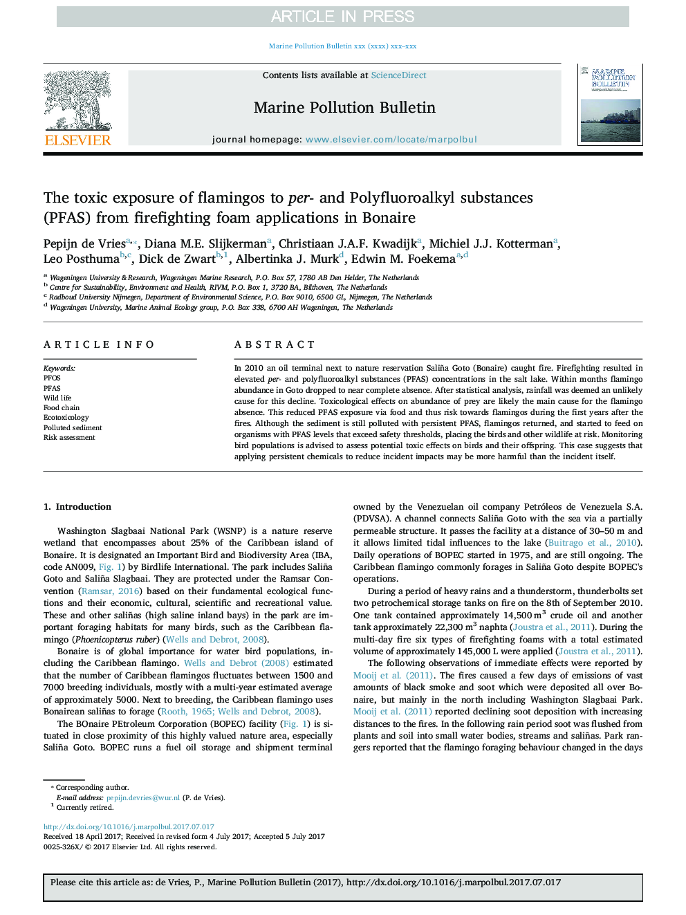 The toxic exposure of flamingos to per- and Polyfluoroalkyl substances (PFAS) from firefighting foam applications in Bonaire