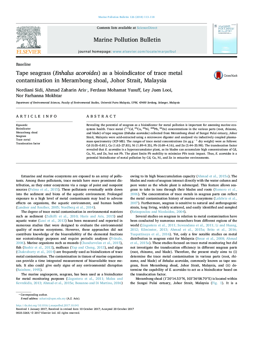 Tape seagrass (Enhalus acoroides) as a bioindicator of trace metal contamination in Merambong shoal, Johor Strait, Malaysia