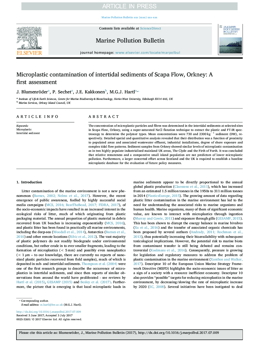 Microplastic contamination of intertidal sediments of Scapa Flow, Orkney: A first assessment