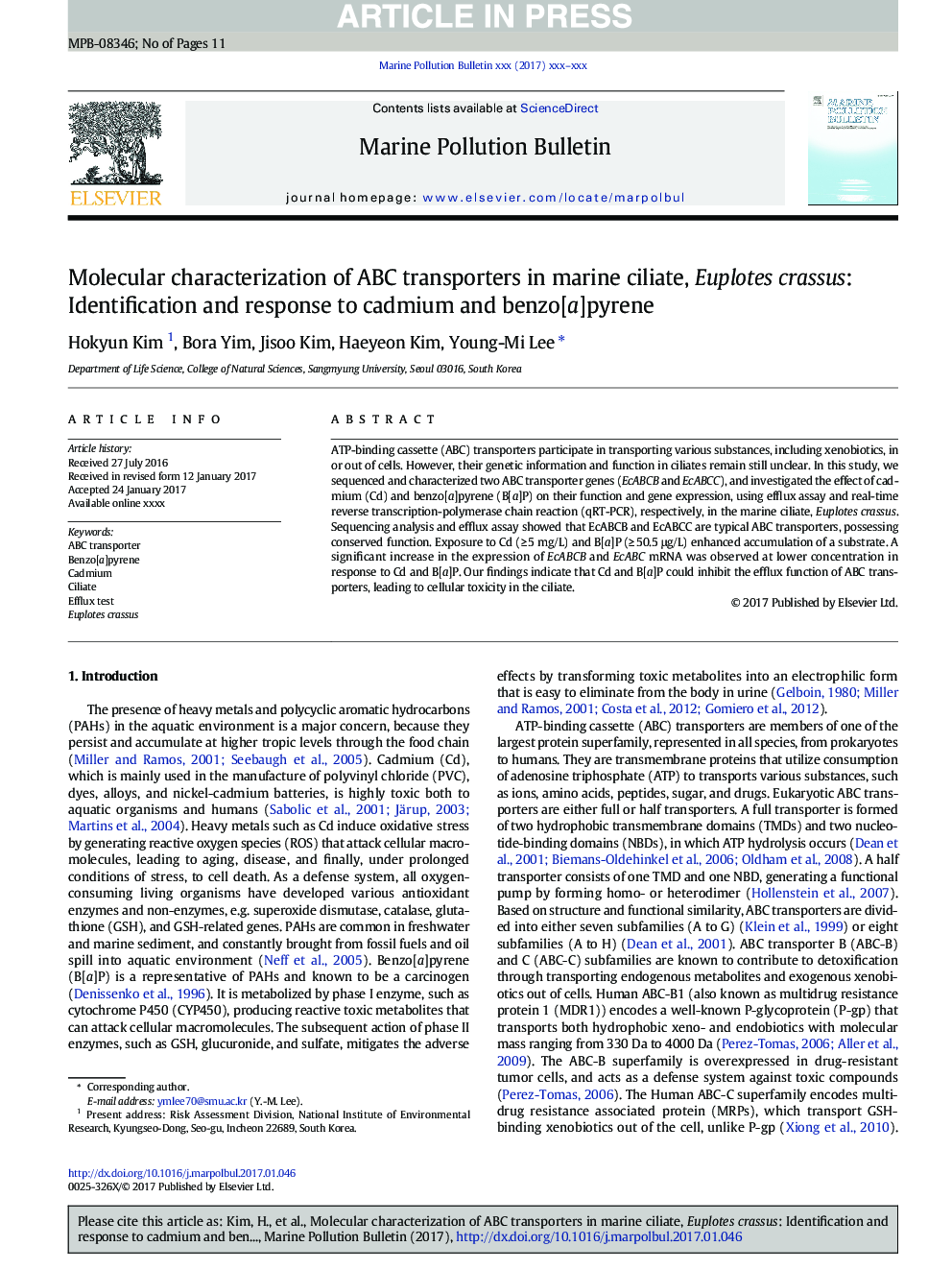 Molecular characterization of ABC transporters in marine ciliate, Euplotes crassus: Identification and response to cadmium and benzo[a]pyrene