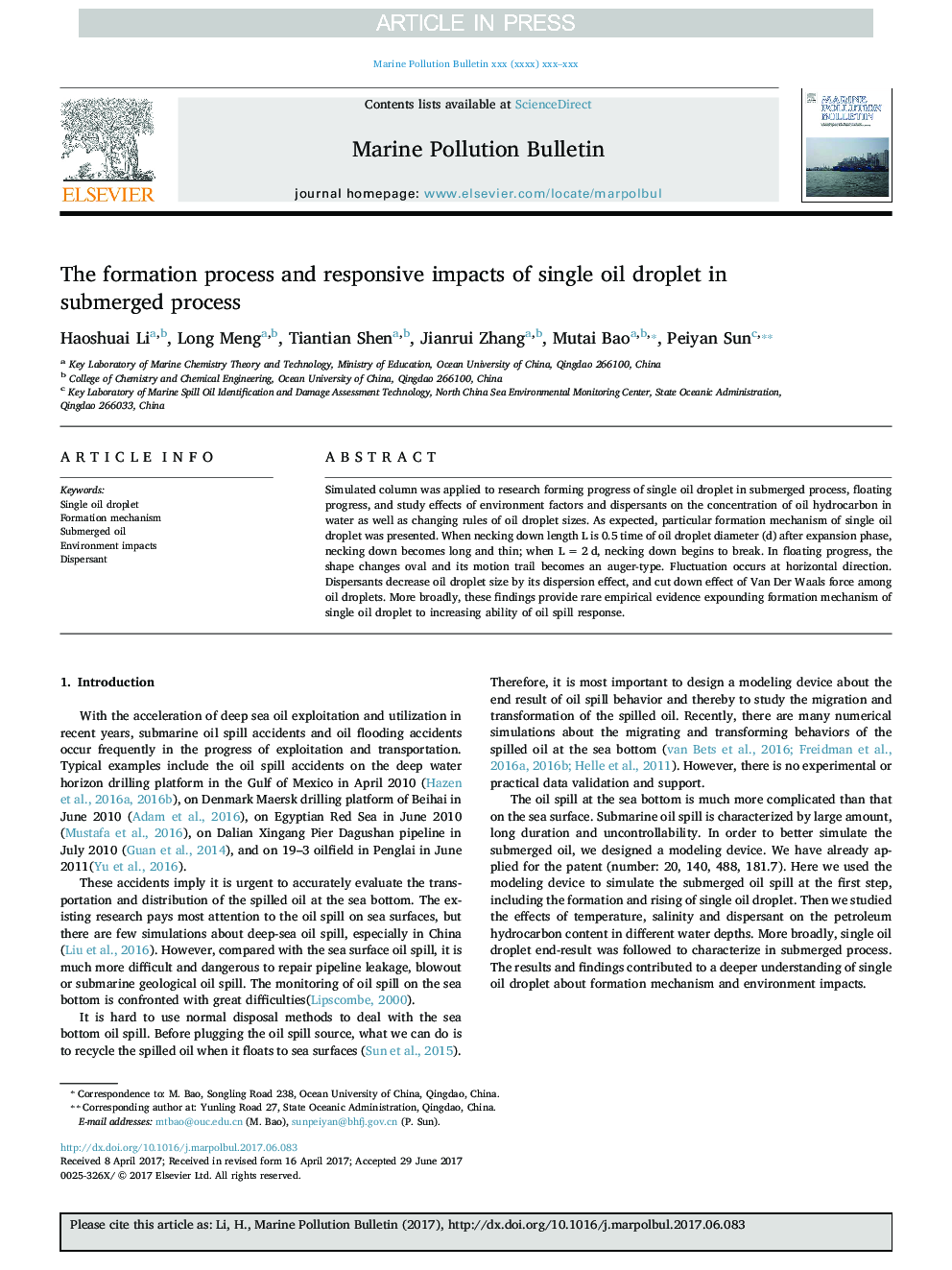 The formation process and responsive impacts of single oil droplet in submerged process