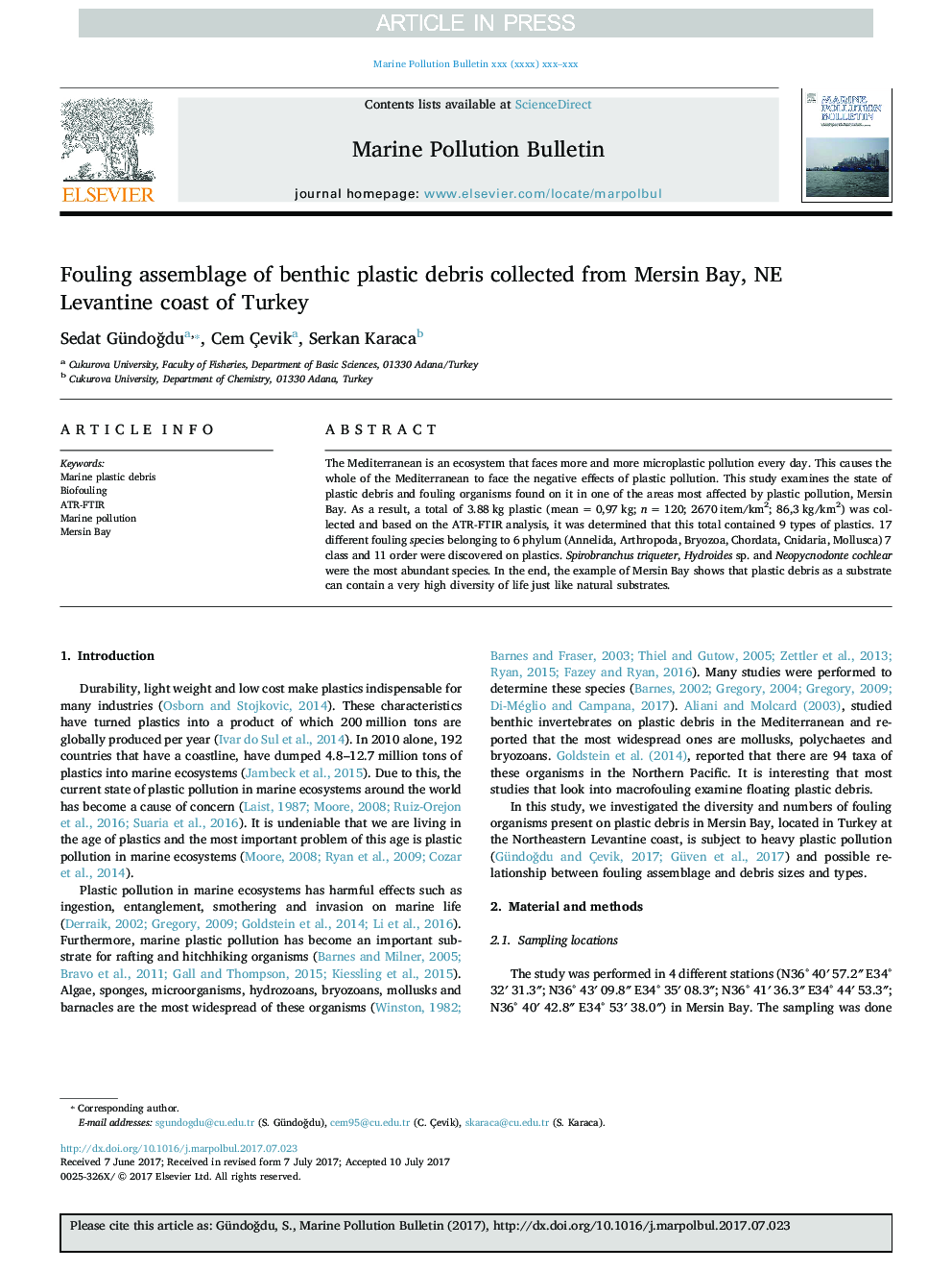 Fouling assemblage of benthic plastic debris collected from Mersin Bay, NE Levantine coast of Turkey