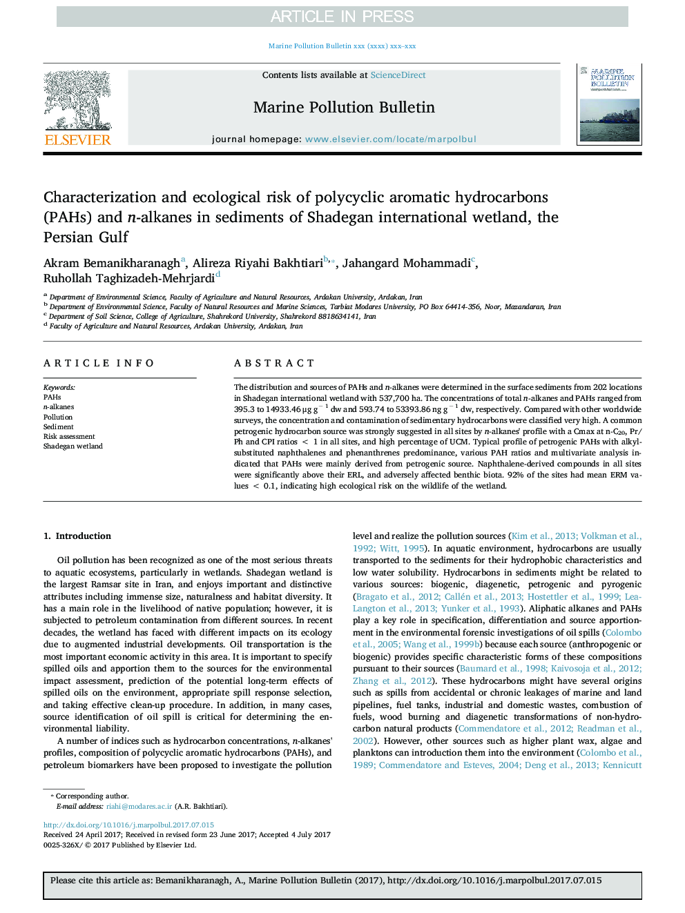 Characterization and ecological risk of polycyclic aromatic hydrocarbons (PAHs) and n-alkanes in sediments of Shadegan international wetland, the Persian Gulf