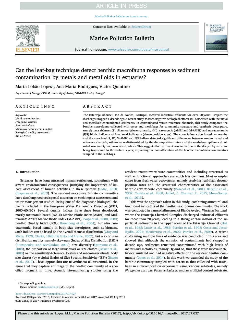 Can the leaf-bag technique detect benthic macrofauna responses to sediment contamination by metals and metalloids in estuaries?