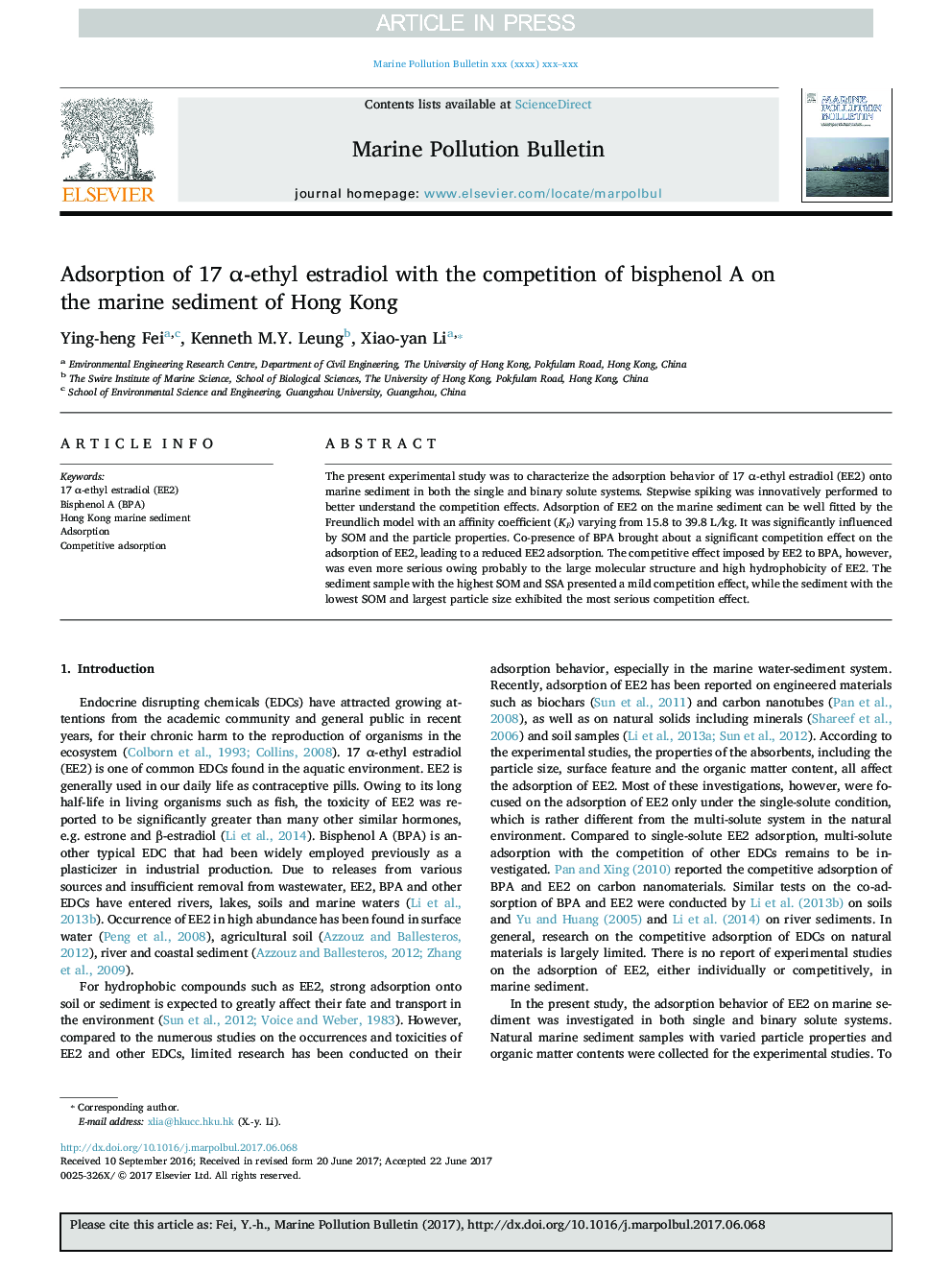 عکس صفحه اول مقاله: Adsorption of 17 α-ethyl estradiol with the competition of bisphenol A on the marine sediment of Hong Kong Adsorption of 17 α-ethyl estradiol with the competition of bisphenol A on the marine sediment of Hong Kong