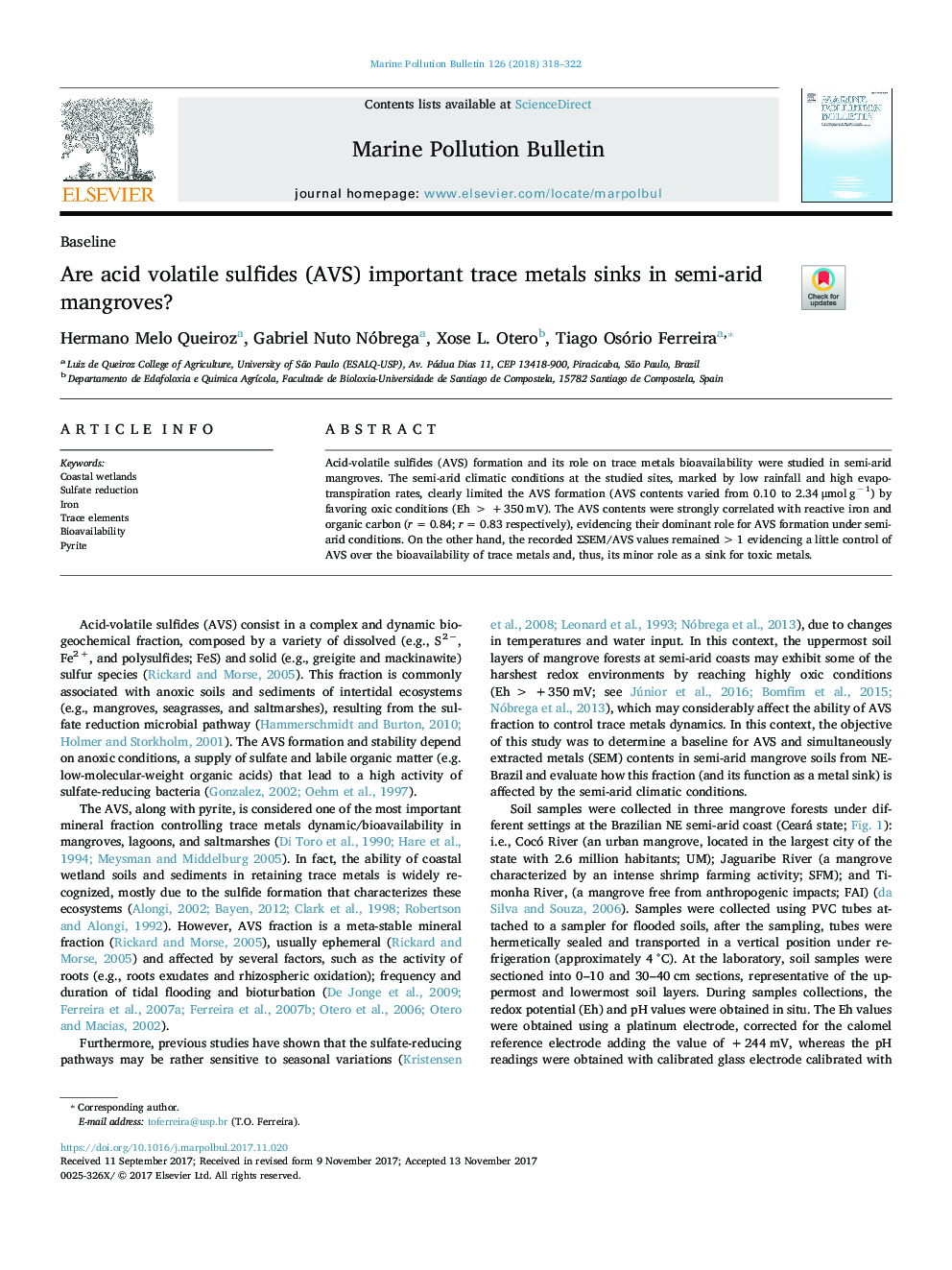 Are acid volatile sulfides (AVS) important trace metals sinks in semi-arid mangroves?