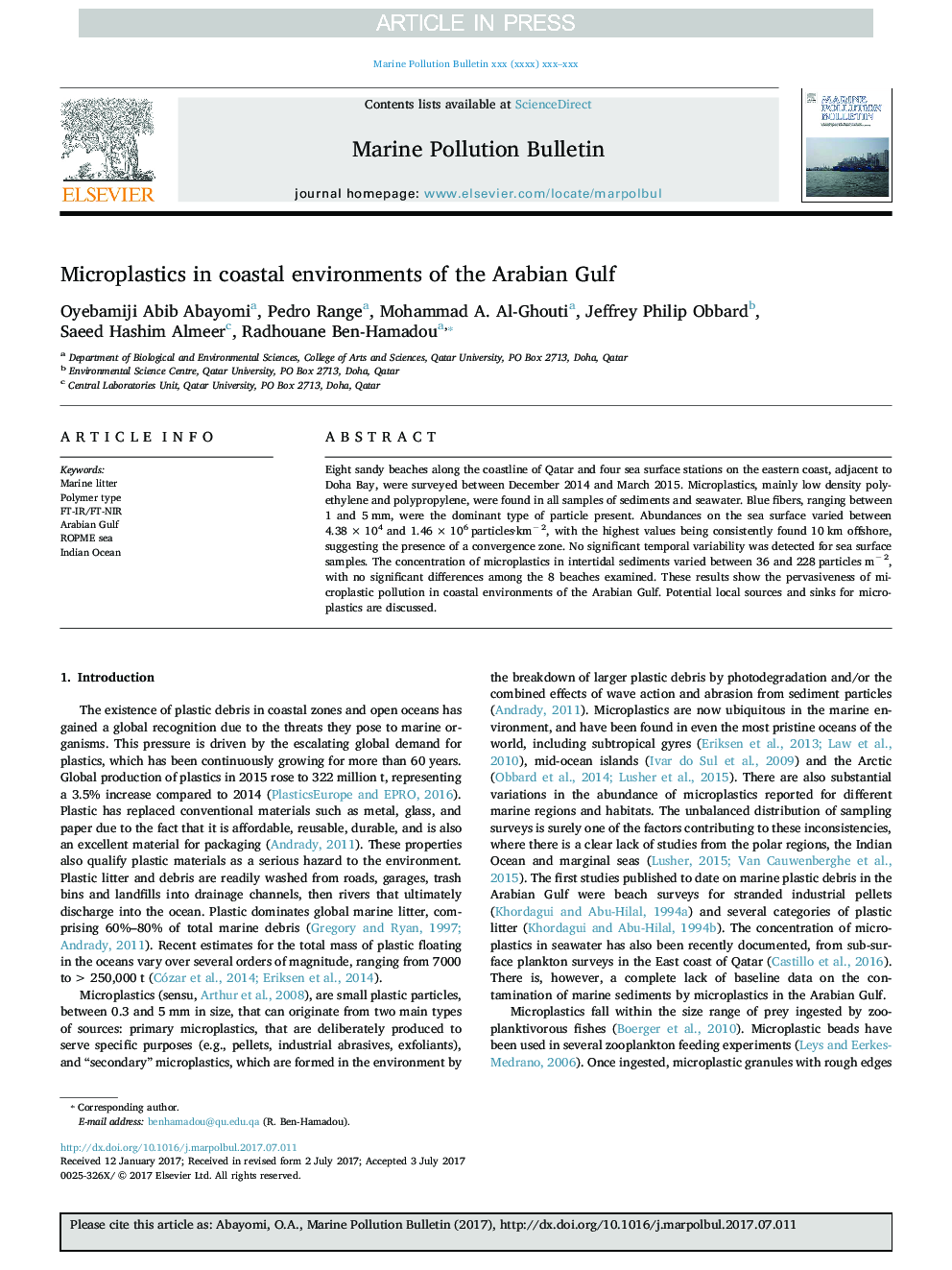 Microplastics in coastal environments of the Arabian Gulf