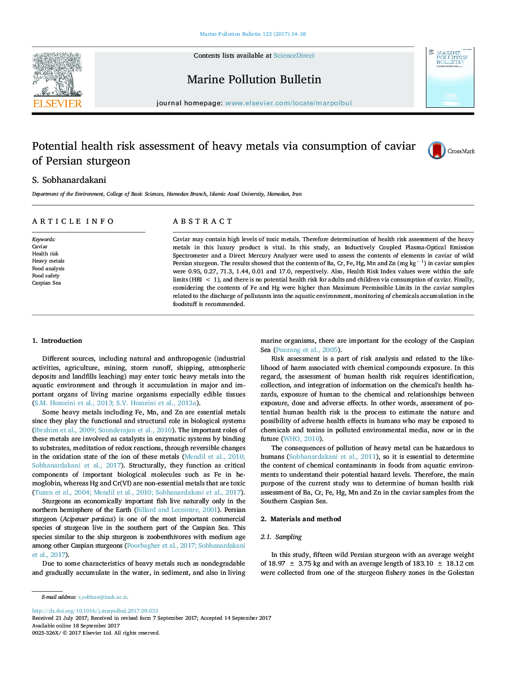 Potential health risk assessment of heavy metals via consumption of caviar of Persian sturgeon