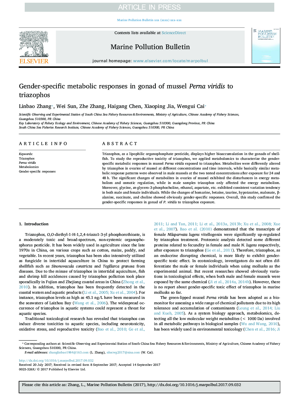 Gender-specific metabolic responses in gonad of mussel Perna viridis to triazophos