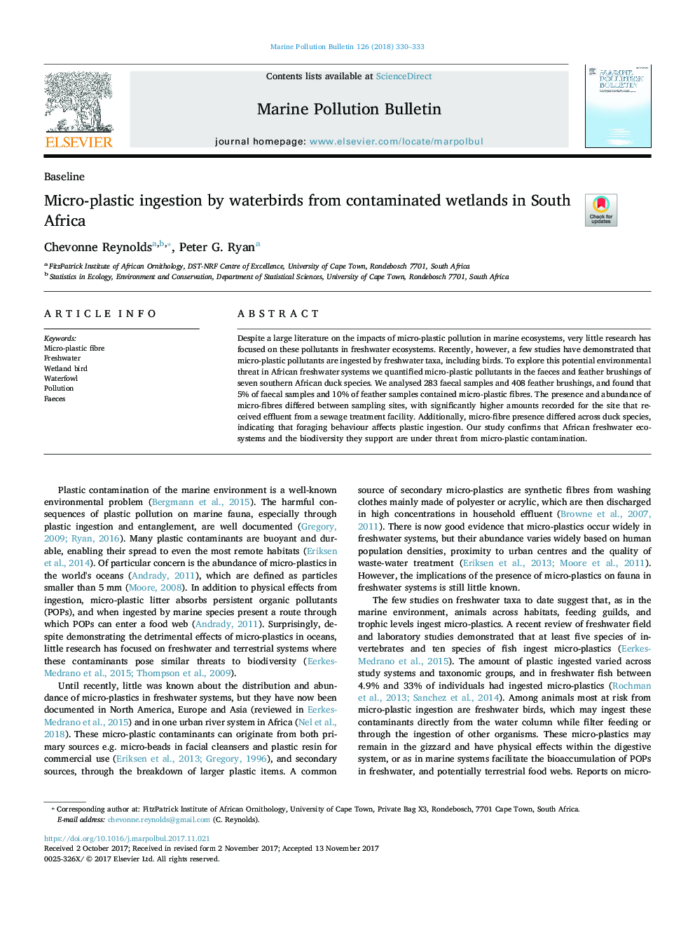 Micro-plastic ingestion by waterbirds from contaminated wetlands in South Africa