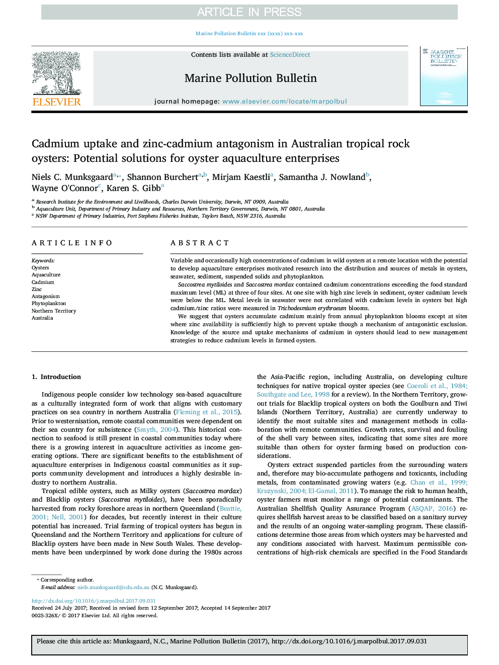 Cadmium uptake and zinc-cadmium antagonism in Australian tropical rock oysters: Potential solutions for oyster aquaculture enterprises