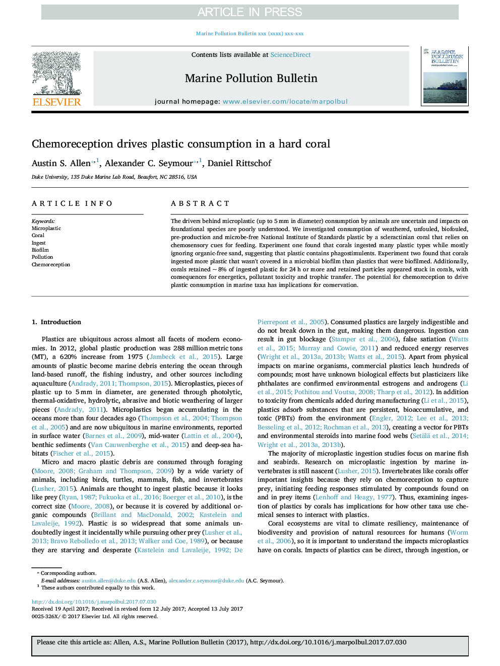 Chemoreception drives plastic consumption in a hard coral