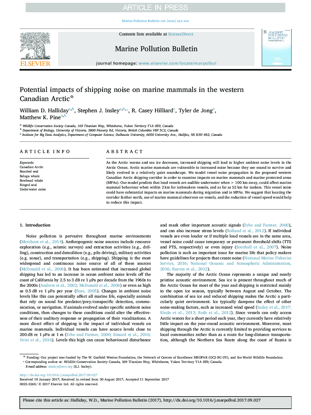 Potential impacts of shipping noise on marine mammals in the western Canadian Arctic