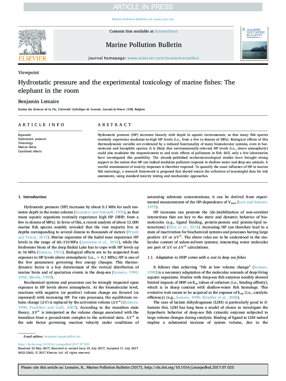 Hydrostatic pressure and the experimental toxicology of marine fishes: The elephant in the room