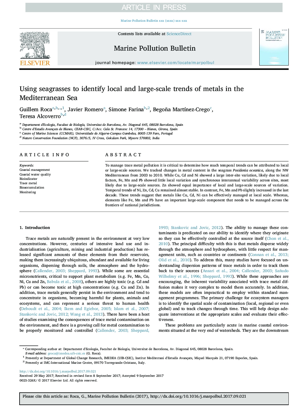 Using seagrasses to identify local and large-scale trends of metals in the Mediterranean Sea